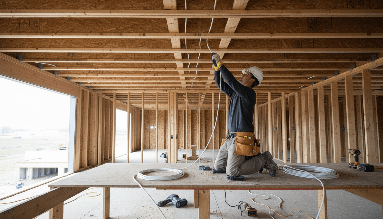 Electrician running romex cable through wooden ceiling joists in new construction rough-in