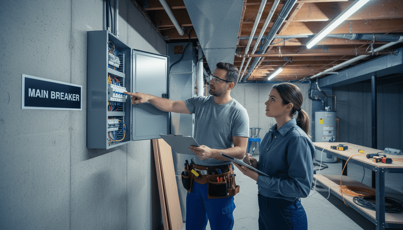 electrician with clipboard examining electrical panel in a home
