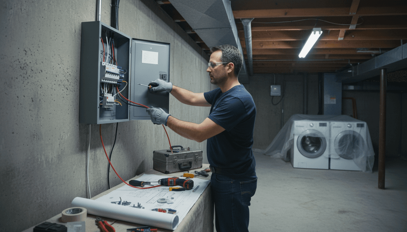 electrician working on circuit breaker panel in residential basement with tools laid out