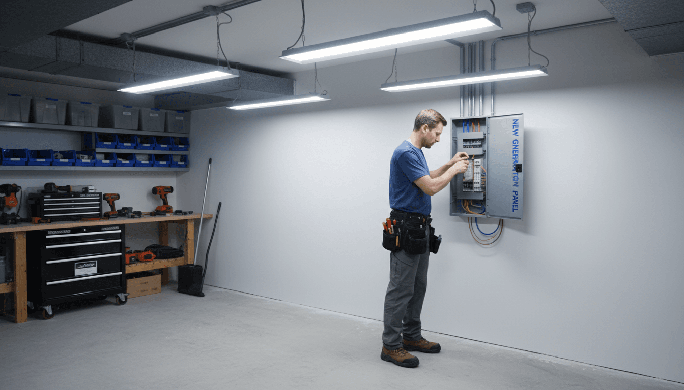Electrician installing a new electrical panel in a residential basement