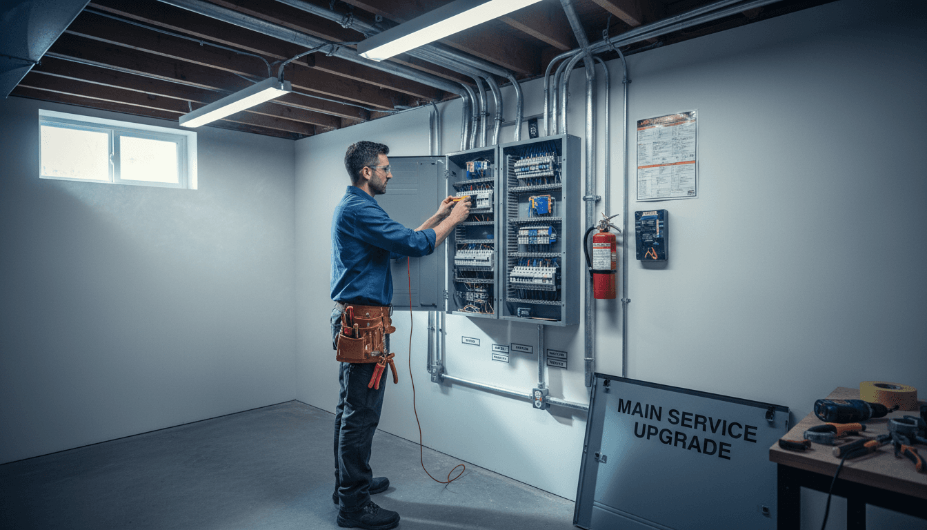electrician standing in basement with a clipboard and a pencil, looking at an electrical panel