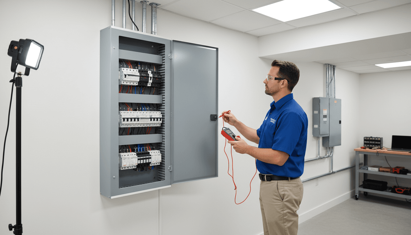 Professional electrician in work uniform inspecting an electrical panel in a modern home