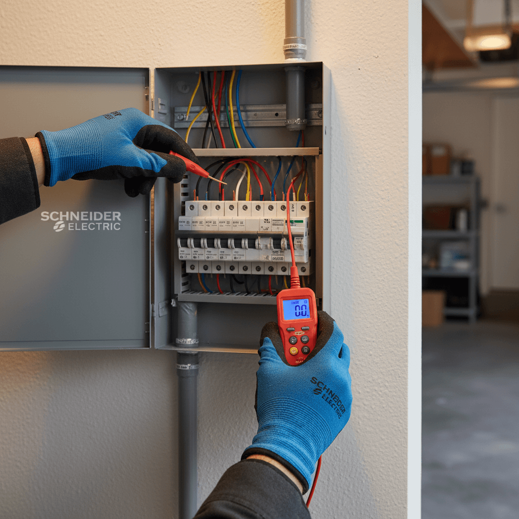 electrician working on electrical panel in residential home