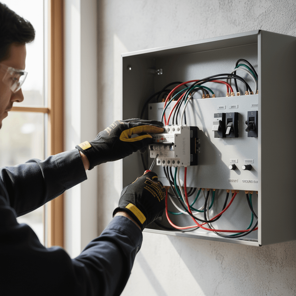 Electrician's hands working on an open electrical panel with screwdrivers and wire strippers nearby