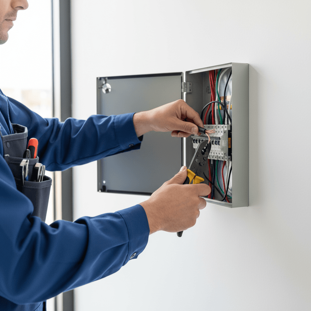 Electrician working on an electrical panel in a modern home